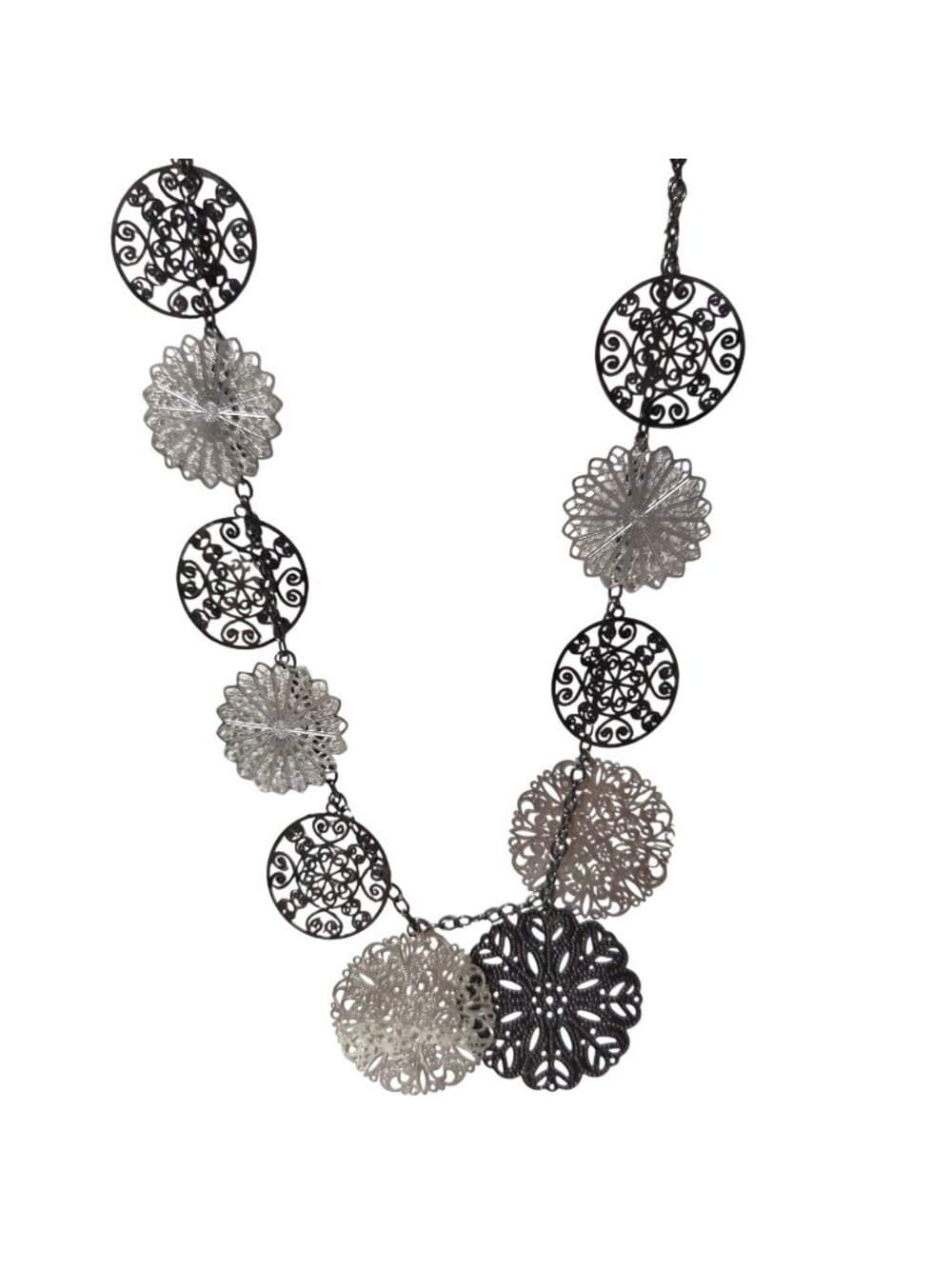 Handcrafted Filigree Metal Medallion Necklace Black Silver Floral Design Jewelry